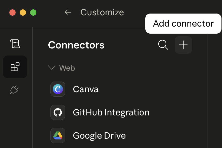 Connectors 列表,右上角的「+」按鈕 hover 提示 Add connector