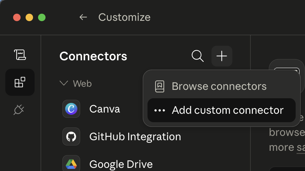 Add connector 下拉選單:Browse connectors / Add custom connector