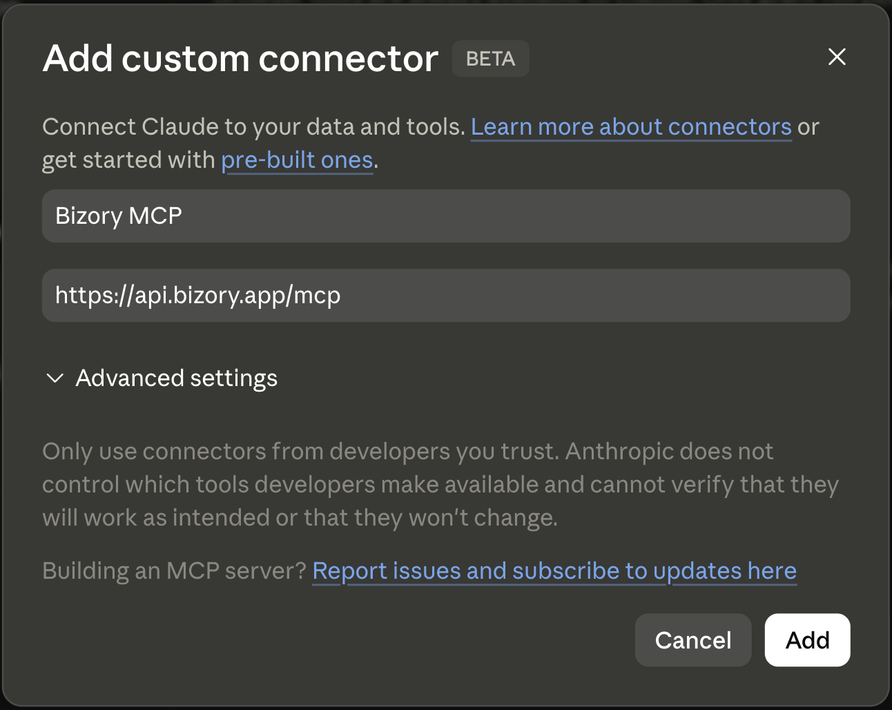 Add custom connector 對話框,填入 Bizory MCP 與 https://api.bizory.app/mcp