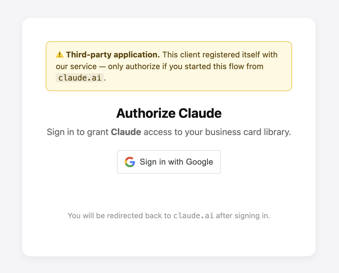 Authorize Claude 頁面,提示 Third-party application、Sign in with Google 按鈕
