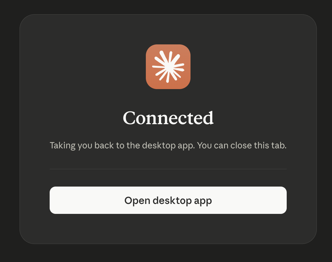 Connected 頁面,提示 Taking you back to the desktop app